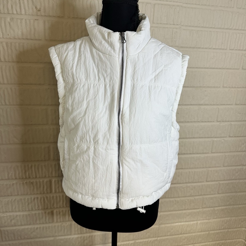 Thread & Supply White Puffer Vest‎ Spring Sz M Pockets Full Zip Cropped Nylon